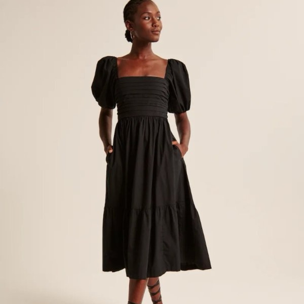 Abercrombie & Fitch Black Emerson Poplin Puff Sleeve Midi Dress XLT